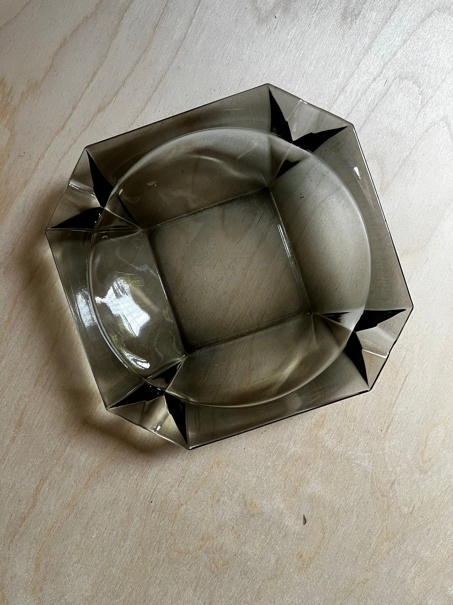 Smoky Glass Geometric Ashtray | Mid Century Modern Catchall Jewelry Dish | Faceted Smoke Glass