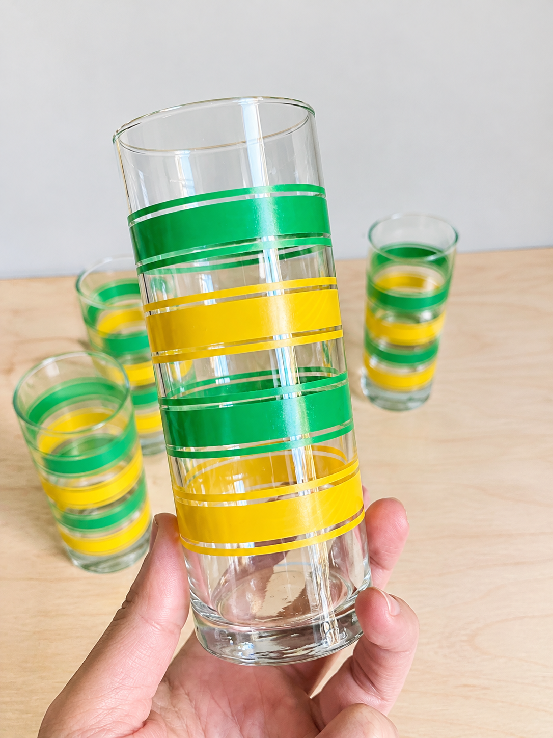 Mid-Century Modern Green & Yellow Striped Drinking Glasses | Set of 6