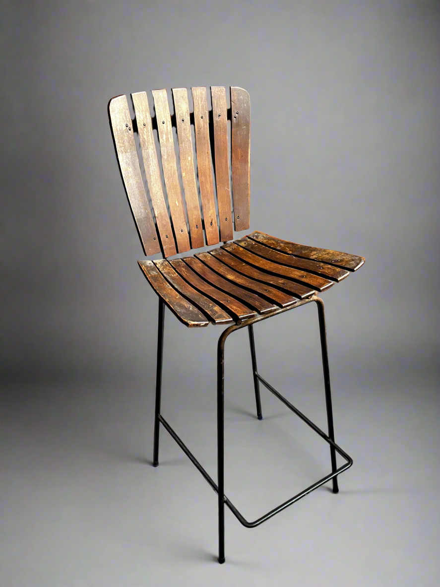 Modern Wood Slat + Metal Bar Stool | Arthur Umanoff style