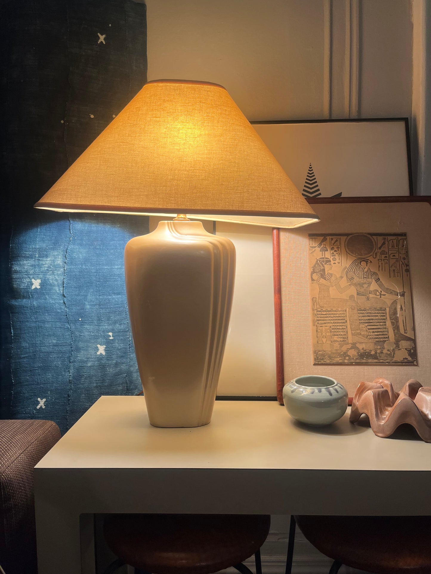 Iridescent Gold Ceramic Lamp with Linen Shade | Art Deco Revival