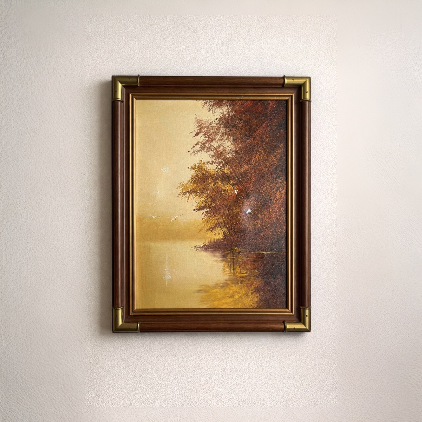 Vintage Autumn Lake Oil Painting in Brass & Wood Frame