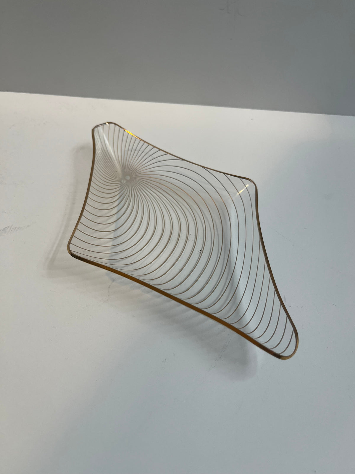 Mid-Century Modern Glass Catchall Dish | Gold Spiral Sunburst