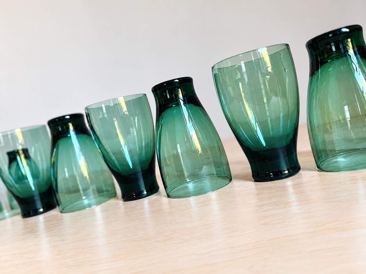 Mid-Century Modern Emerald Green Glassware | Set of 15