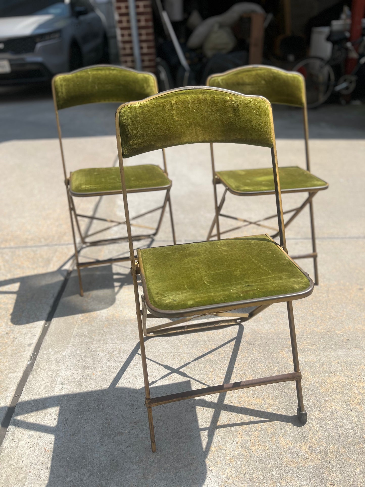 A. Fritz and Co. Folding Chairs – Olive Green Velvet + Brass Frame | Set of 3