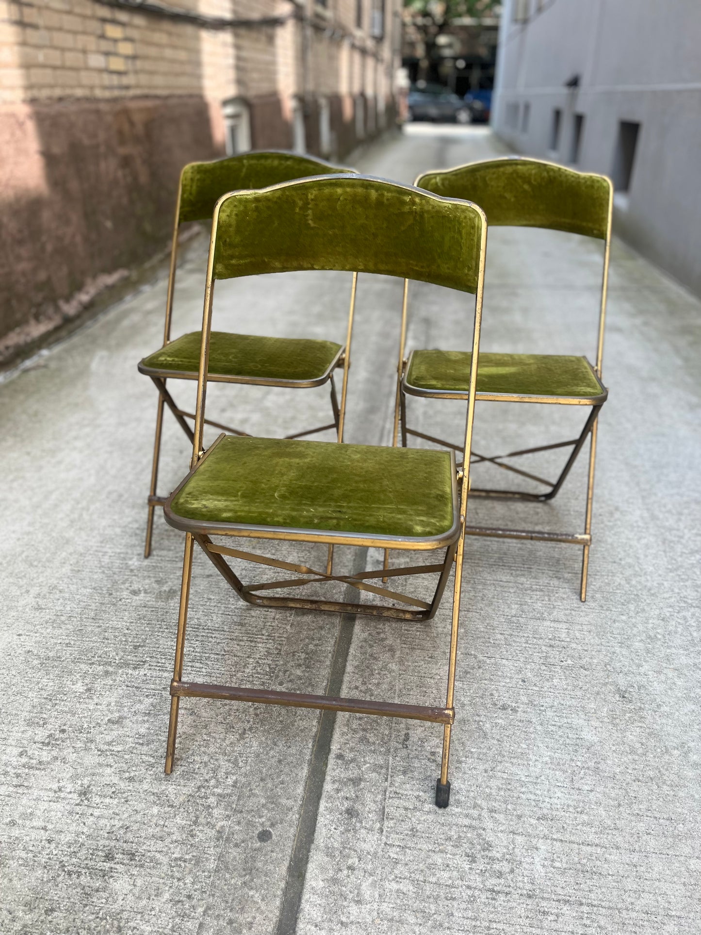 A. Fritz and Co. Folding Chairs – Olive Green Velvet + Brass Frame | Set of 3