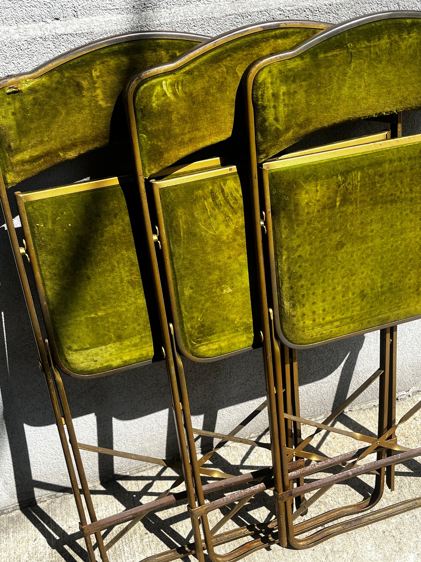 A. Fritz and Co. Folding Chairs – Olive Green Velvet + Brass Frame | Set of 3