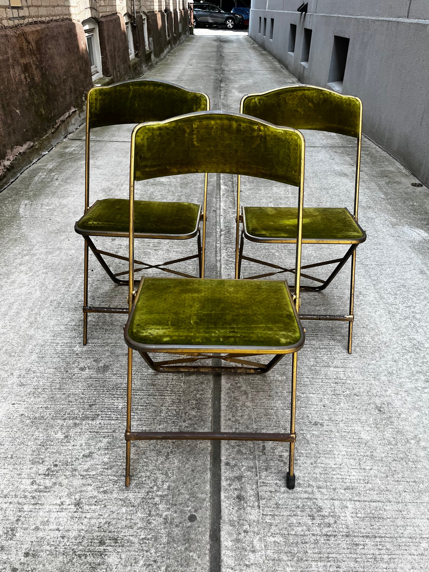 A. Fritz and Co. Folding Chairs – Olive Green Velvet + Brass Frame | Set of 3