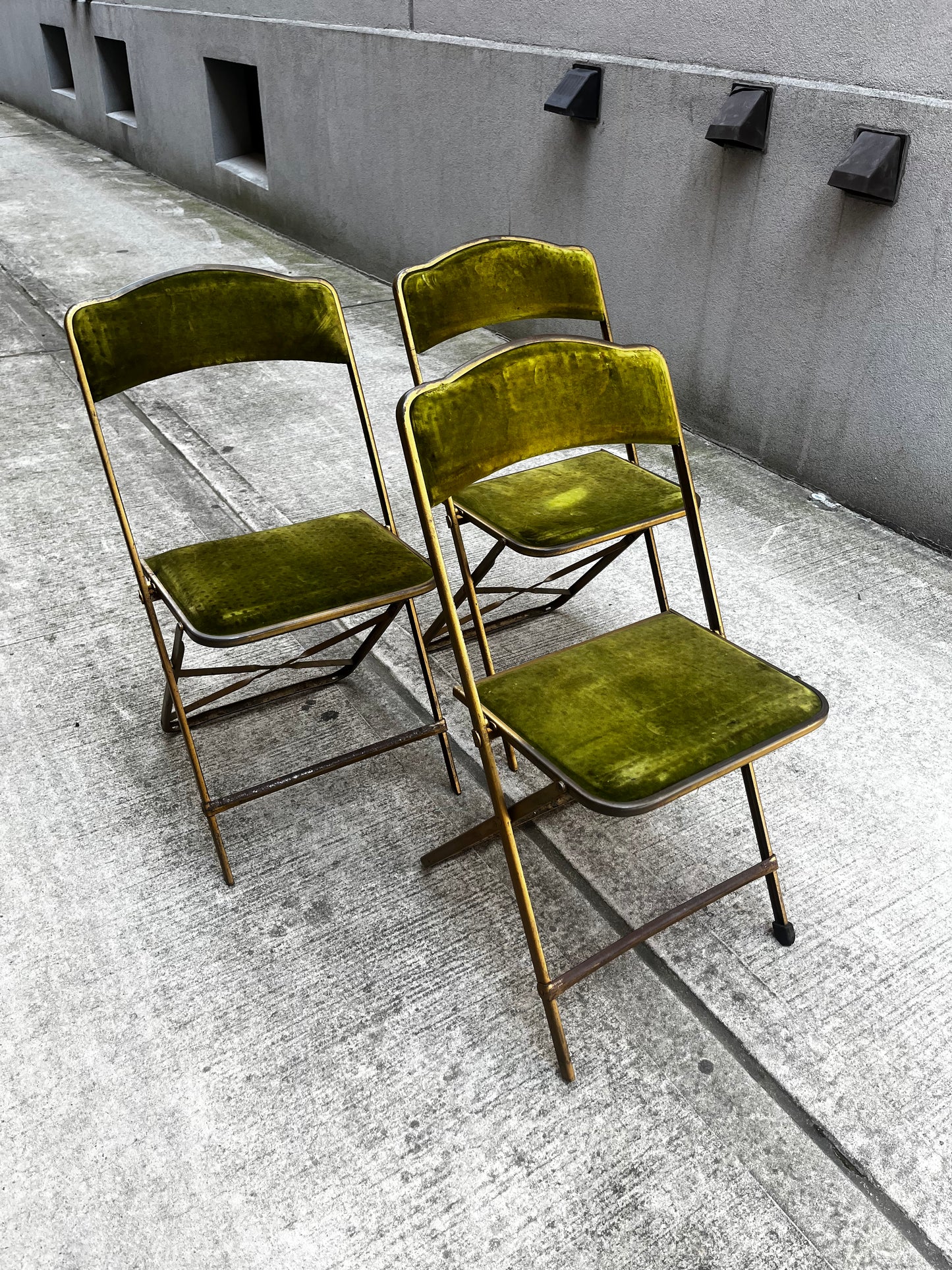A. Fritz and Co. Folding Chairs – Olive Green Velvet + Brass Frame | Set of 3