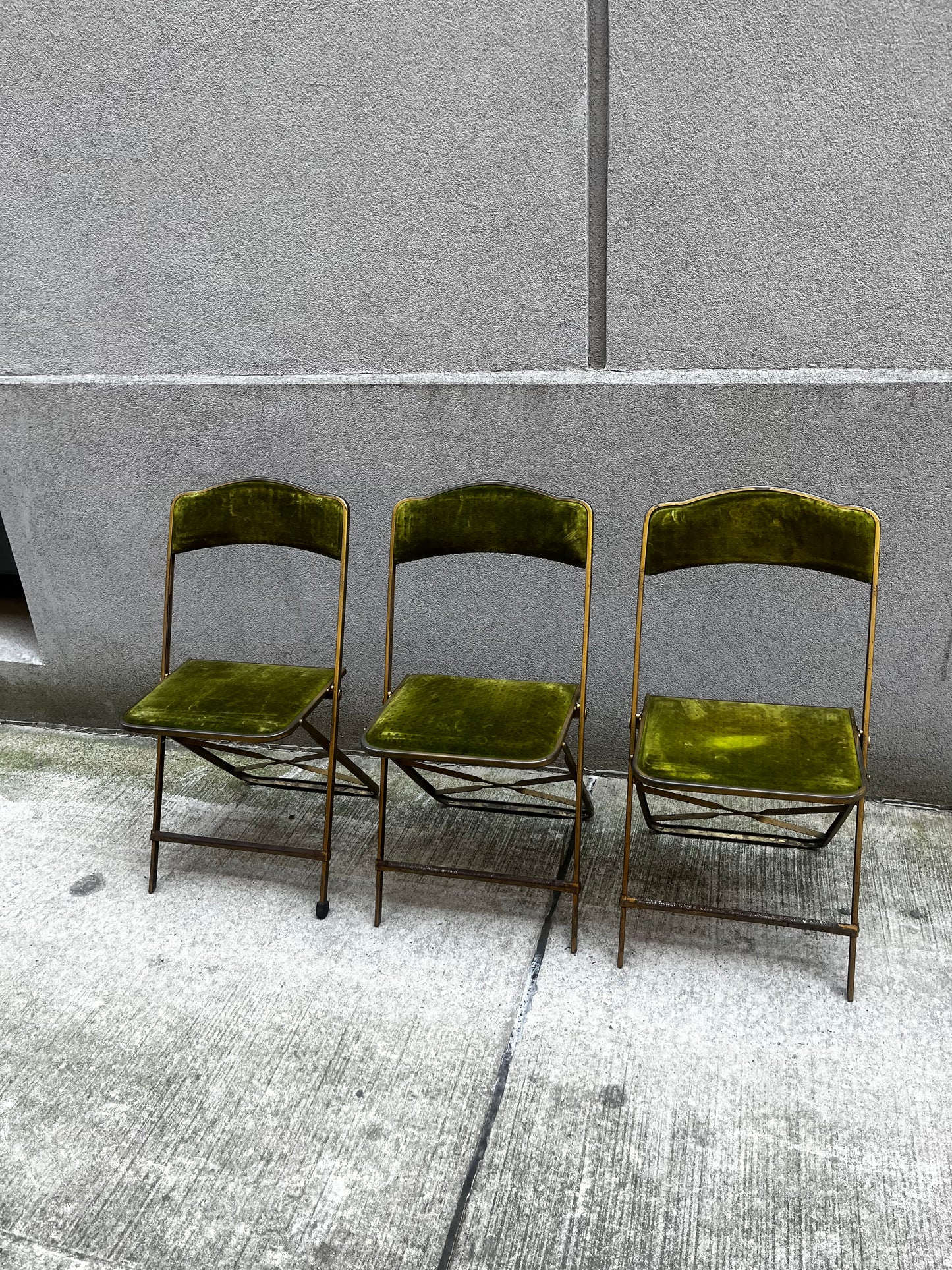 A. Fritz and Co. Folding Chairs – Olive Green Velvet + Brass Frame | Set of 3