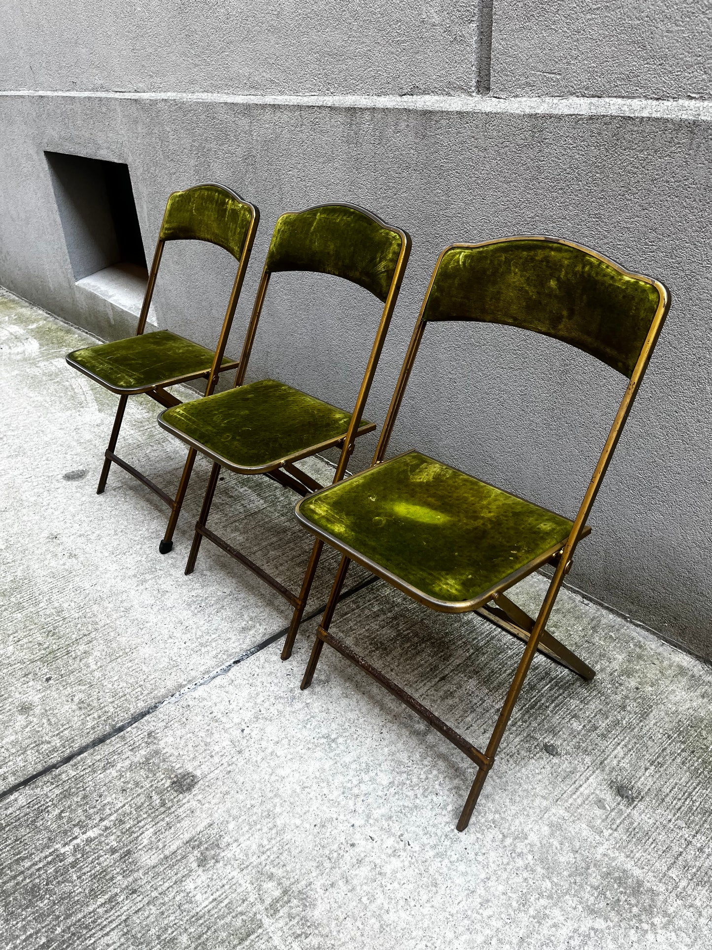 A. Fritz and Co. Folding Chairs – Olive Green Velvet + Brass Frame | Set of 3