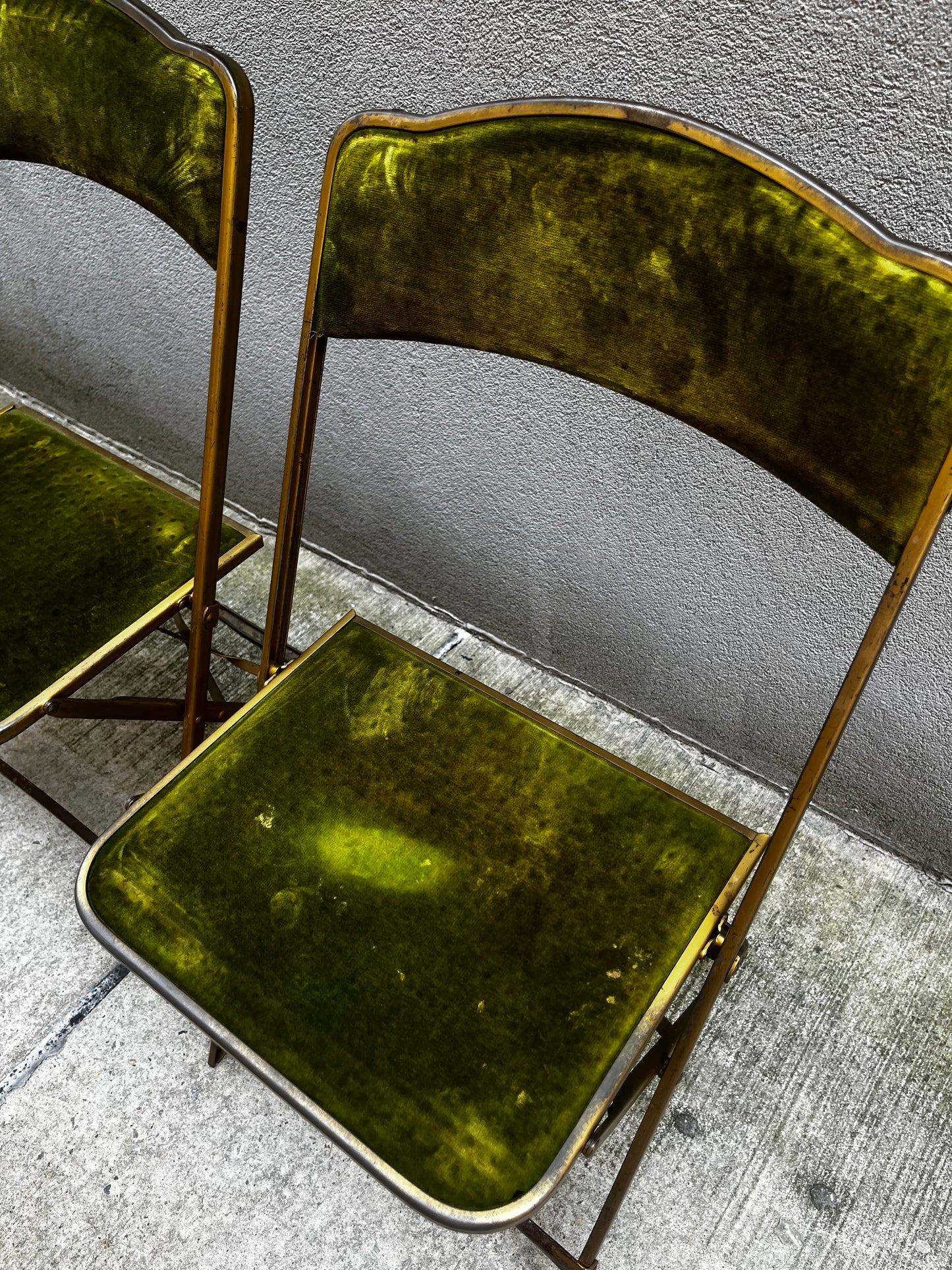 A. Fritz and Co. Folding Chairs – Olive Green Velvet + Brass Frame | Set of 3