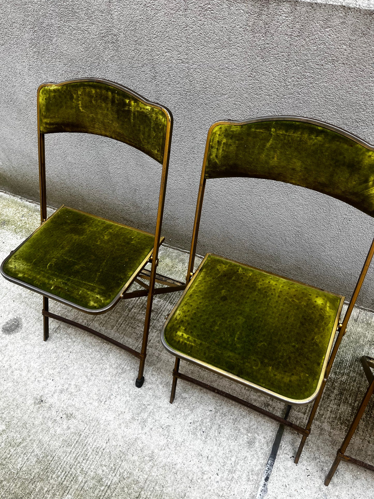 A. Fritz and Co. Folding Chairs – Olive Green Velvet + Brass Frame | Set of 3