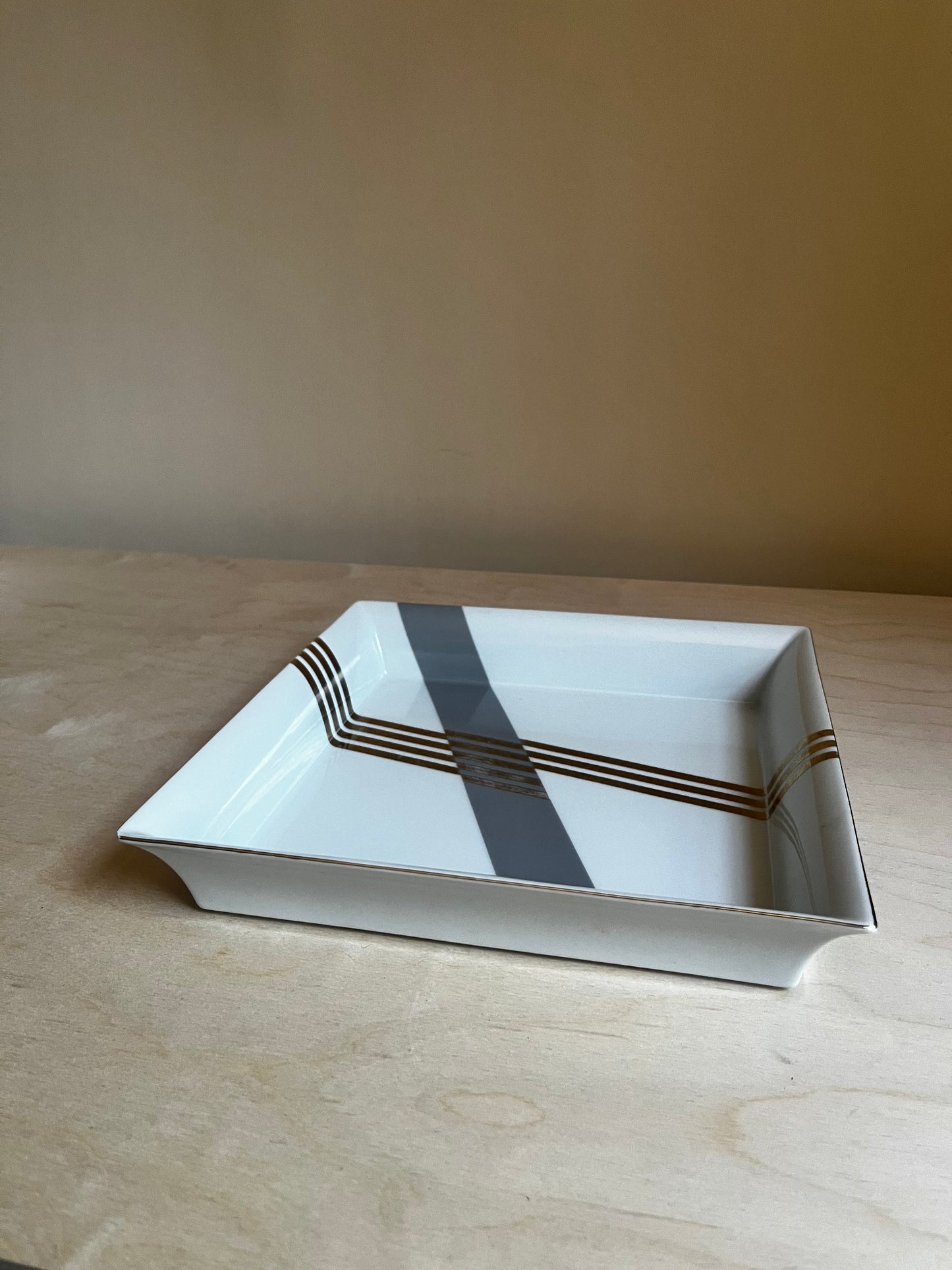1980s Daniel Hechter Porcelain Catchall Tray | Gray & Gold Postmodern Design