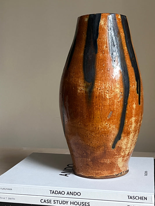 Studio Pottery Vase | Ochre & Charcoal Drip Glaze Ceramic Vessel | 11”