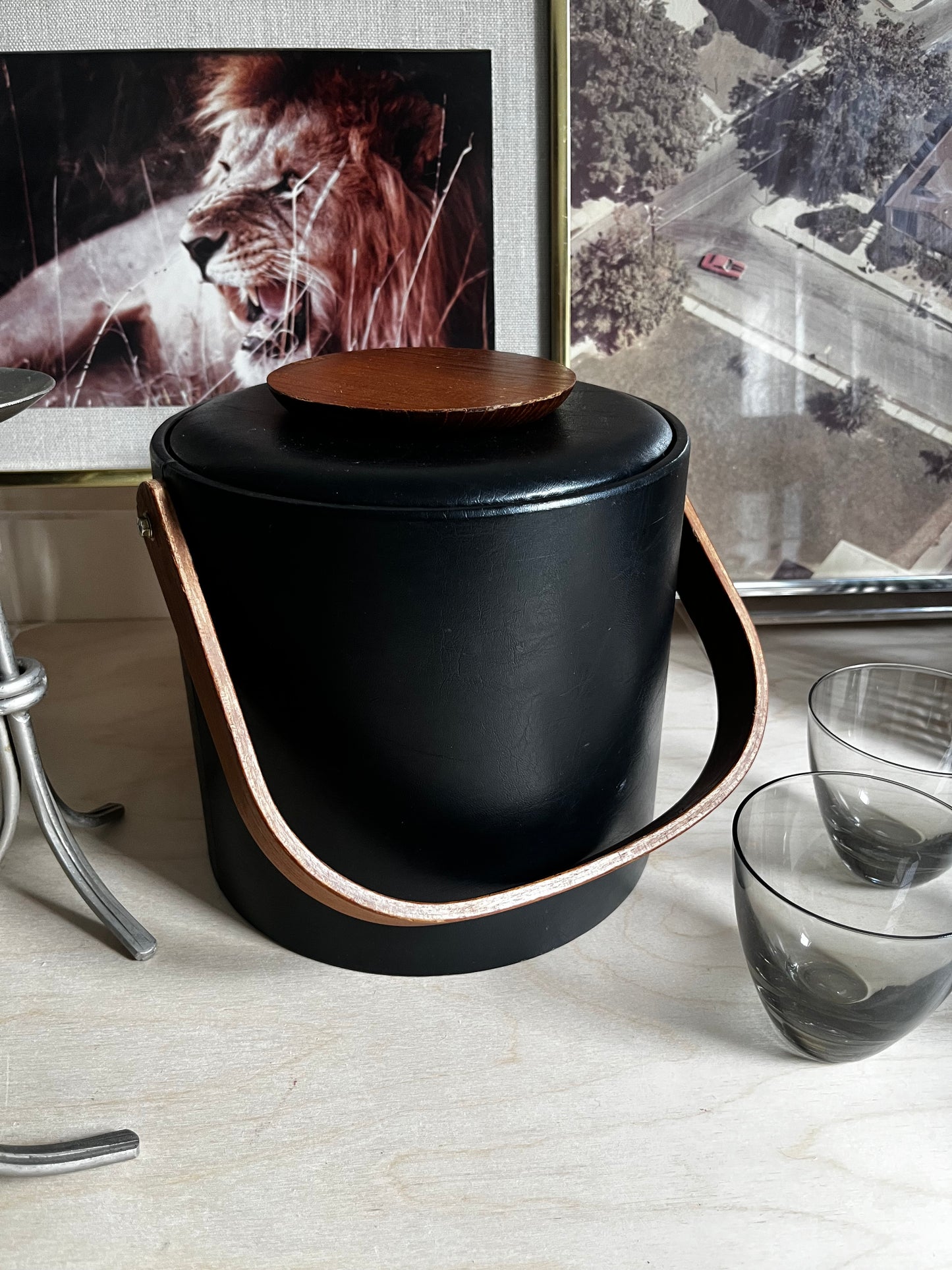 Georges Briard Black Vinyl Ice Bucket with Bentwood Handle & Teak Lid | Mid Century Modern