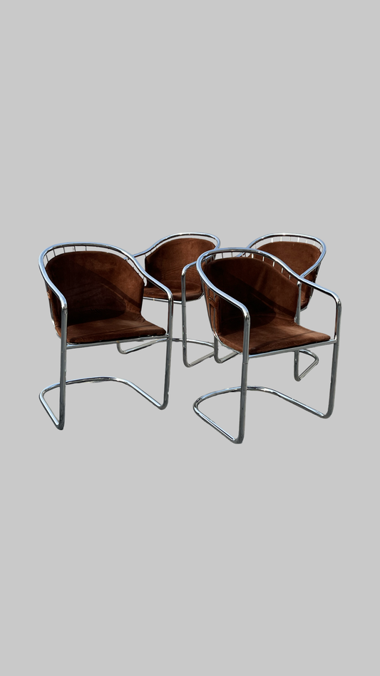 Gastone Rinaldi Cantilever Chairs | Chrome + Suede | Set of 4