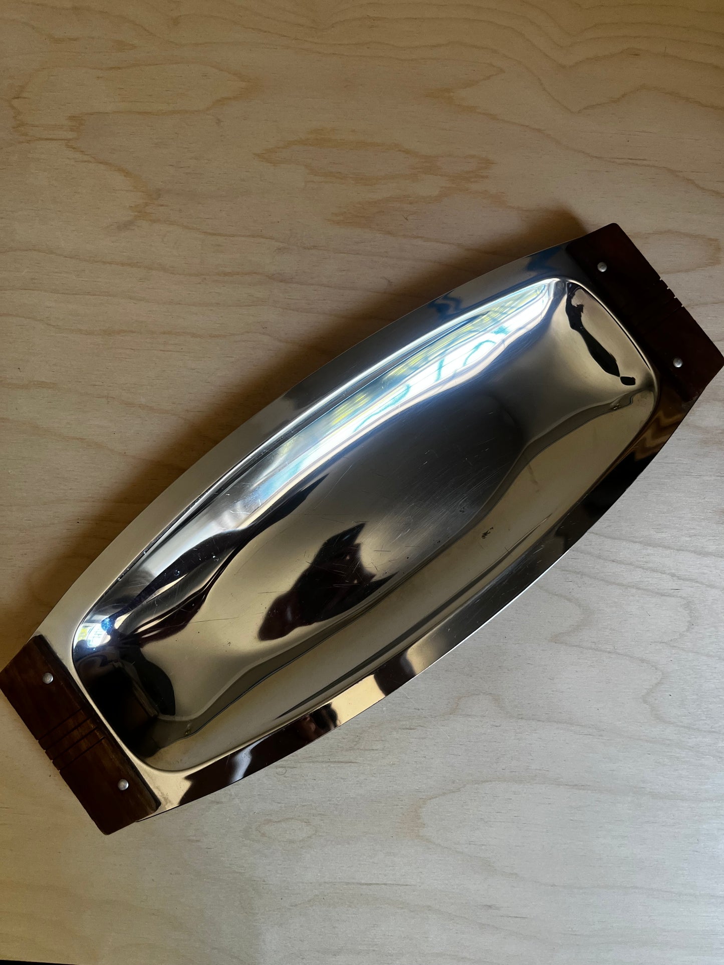 MCM Stainless Steel Serving Tray with Wood Handles | Danish Modern Catch All