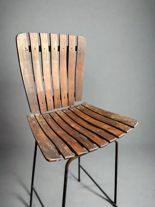 Modern Wood Slat + Metal Bar Stool | Arthur Umanoff style