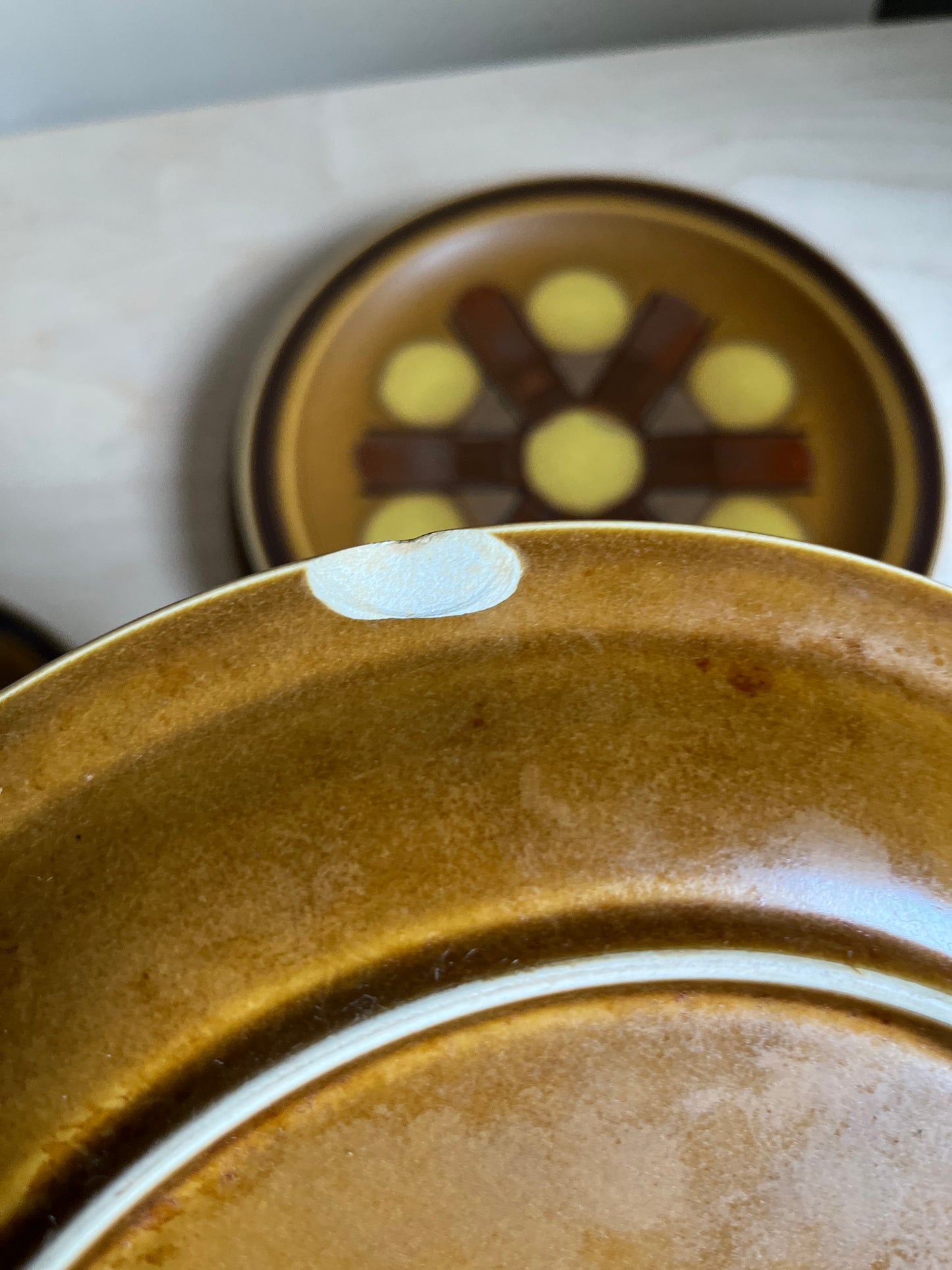 1970s Luna Roc Windmill Stoneware Dinner Plates | Set of 5 | Made in Japan, MCM Mustard Brown Dinnerware