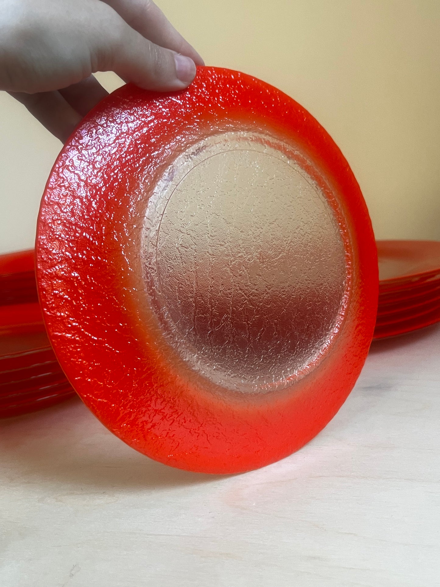 French Textured Glass Dinnerware Set | 18 Pieces |Persimmon Red Orange Glass Plates & Bowls