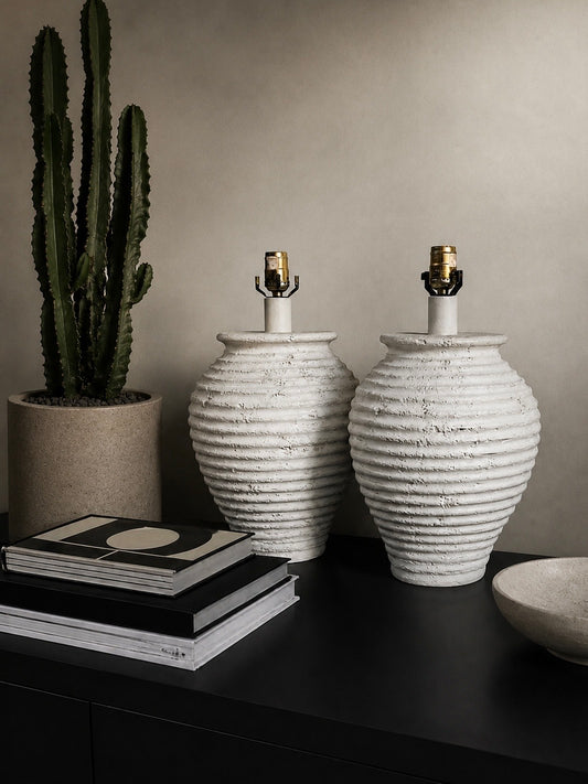 Pair Sculptural Textured Ceramic Table Lamps | 1980s Beehive Organic Modern