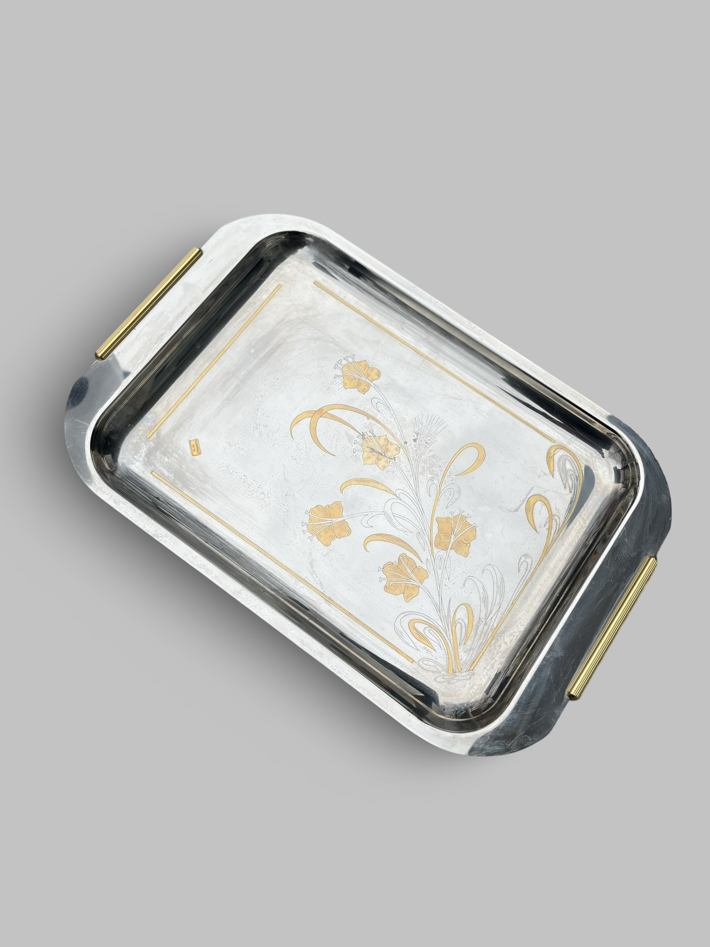 Art Deco Serving Tray | Stainless Steel w. Gold Accents| Made in Italy