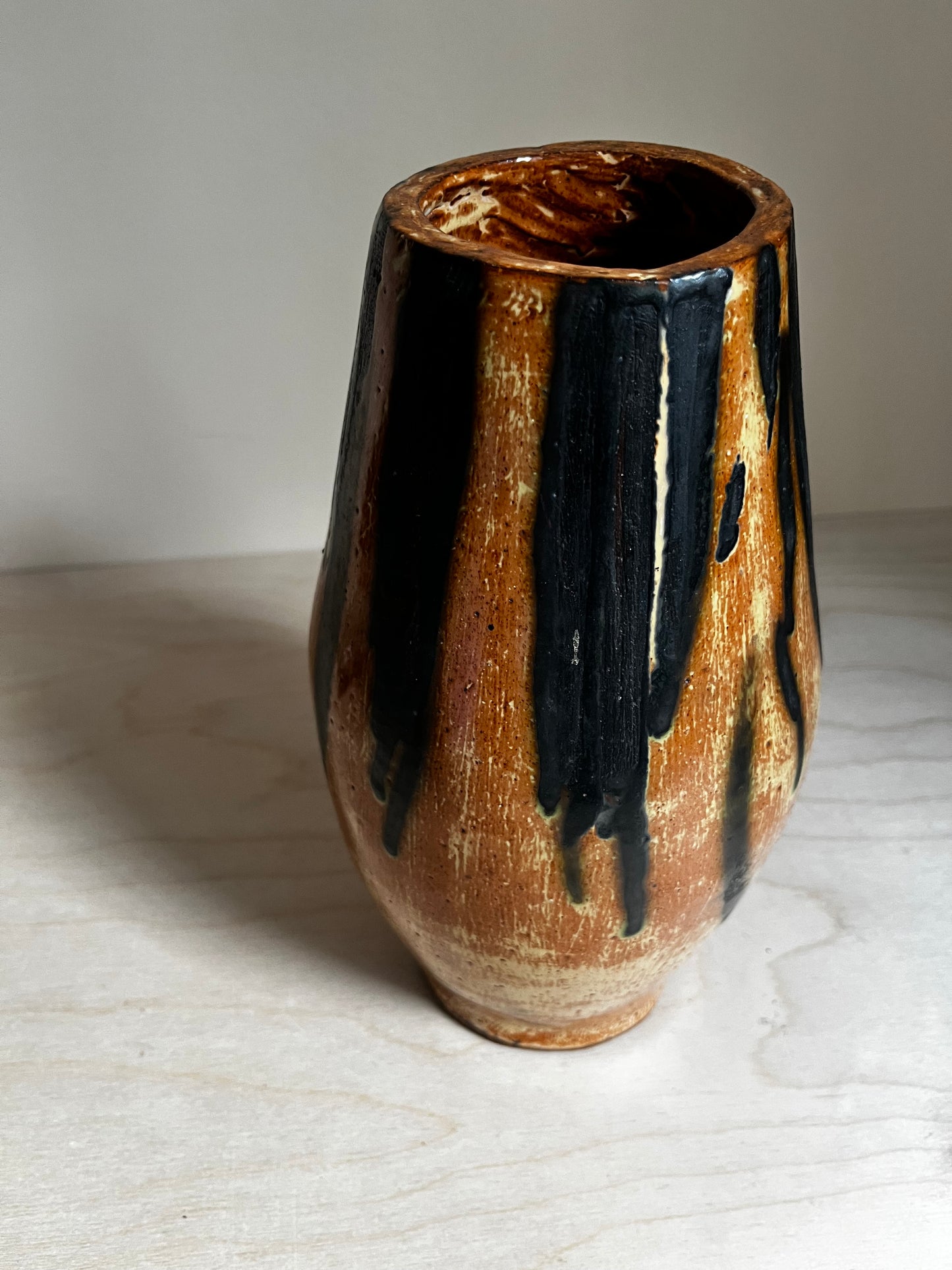 Studio Pottery Vase | Ochre & Charcoal Drip Glaze Ceramic Vessel | 11”