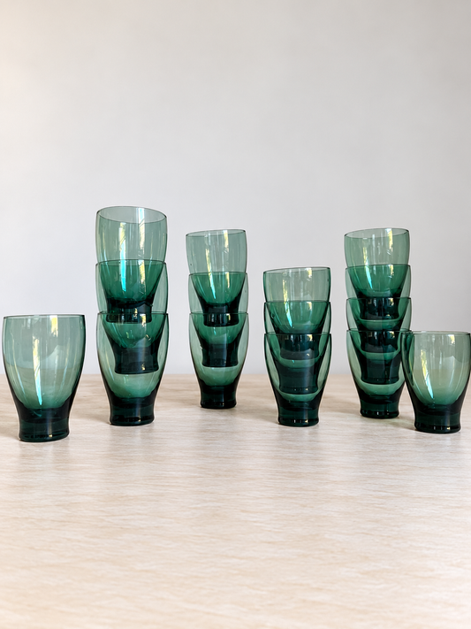 Mid-Century Modern Emerald Green Glassware | Set of 15