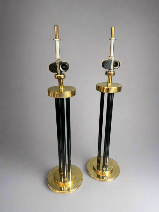 Brass & Black Postmodern Column Table Lamps