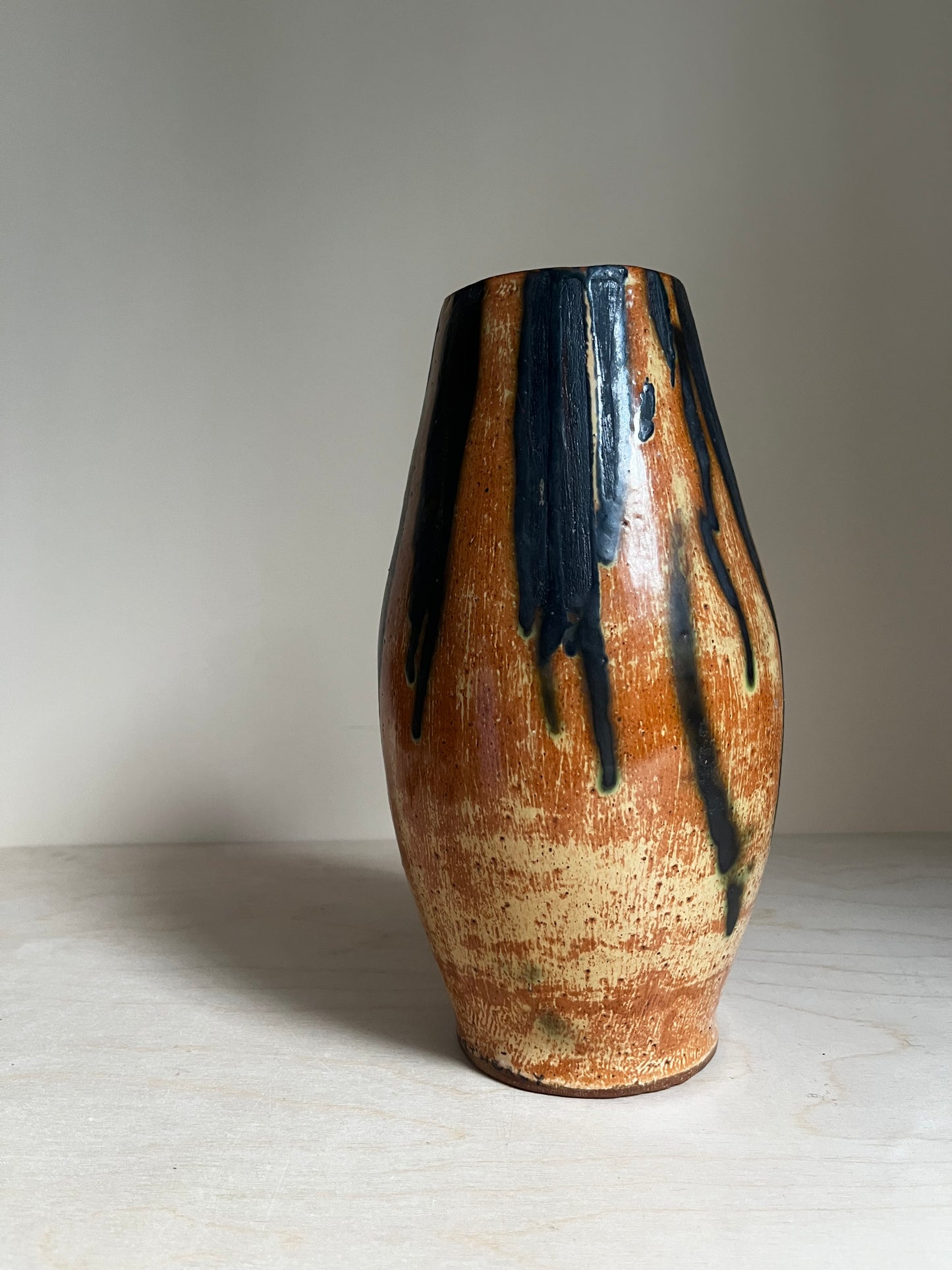 Studio Pottery Vase | Ochre & Charcoal Drip Glaze Ceramic Vessel | 11”
