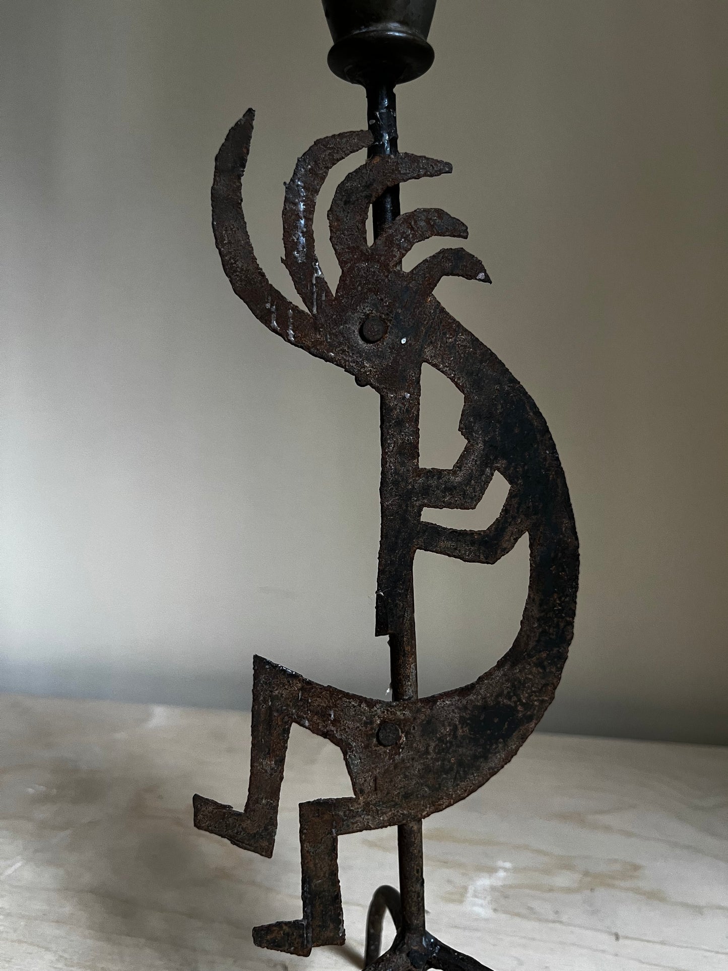 Brutalist Kokopelli Metal Taper Candle Holder | Rustic Southwestern Sculpture | 14.5”