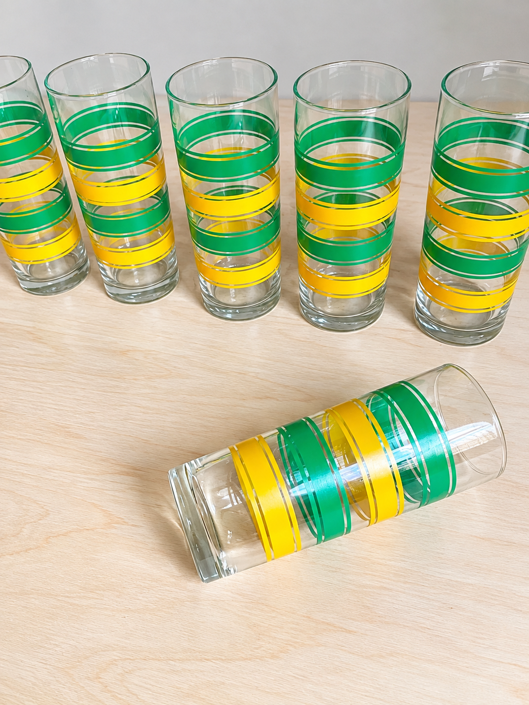 Mid-Century Modern Green & Yellow Striped Drinking Glasses | Set of 6