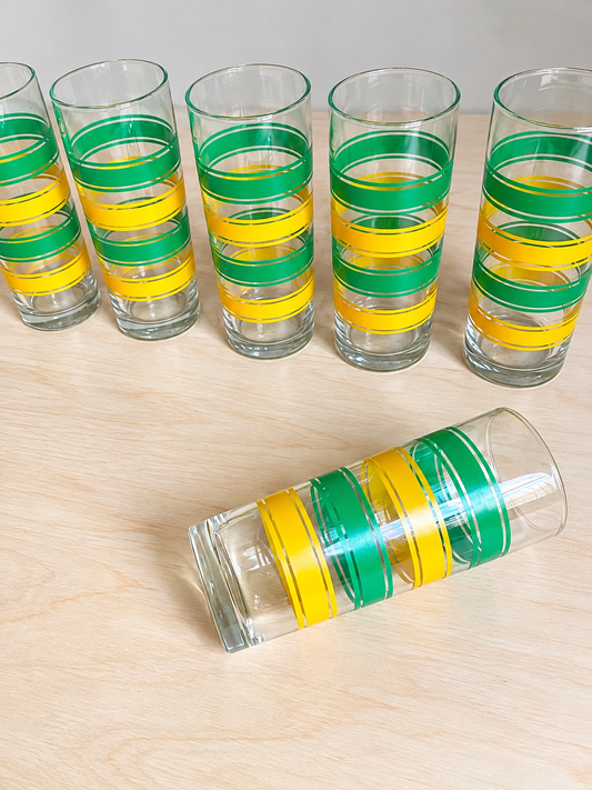 Mid-Century Modern Green & Yellow Striped Drinking Glasses | Set of 6