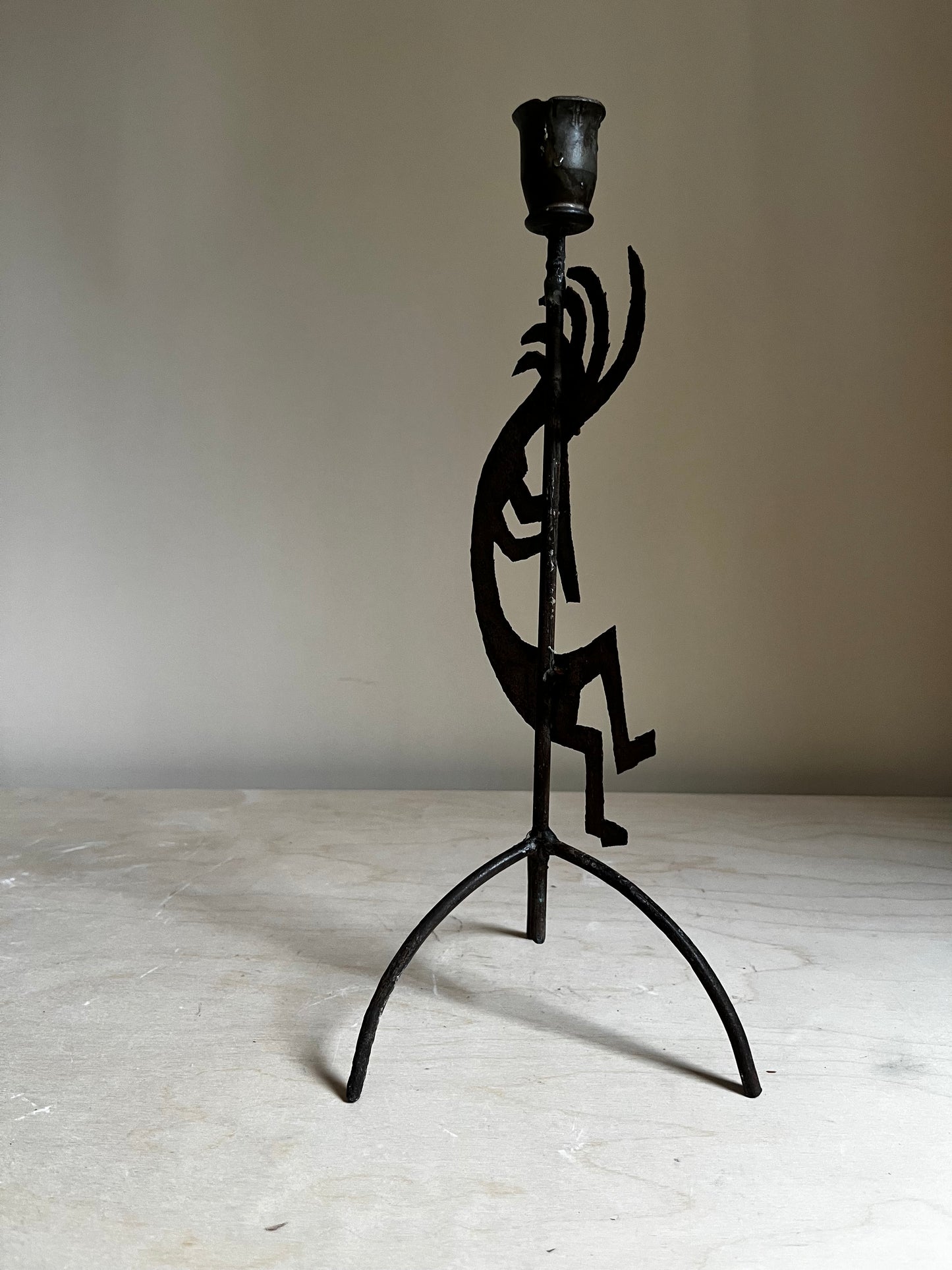 Brutalist Kokopelli Metal Taper Candle Holder | Rustic Southwestern Sculpture | 14.5”