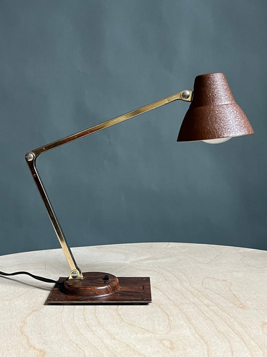 Tensor Articulating Desk Lamp |  Mid Century Modern Brass Adjustable Task Light with Wood Grain Base