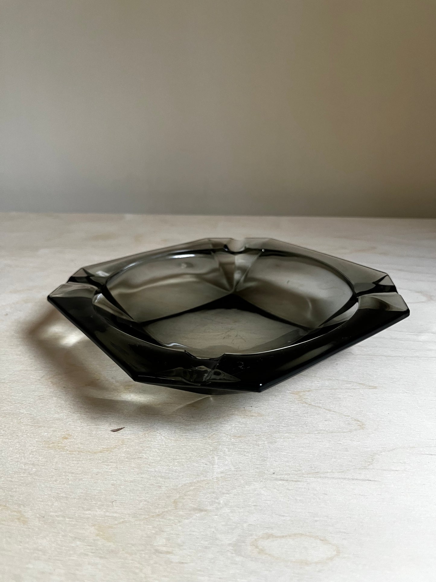 Smoky Glass Geometric Ashtray | Mid Century Modern Catchall Jewelry Dish | Faceted Smoke Glass