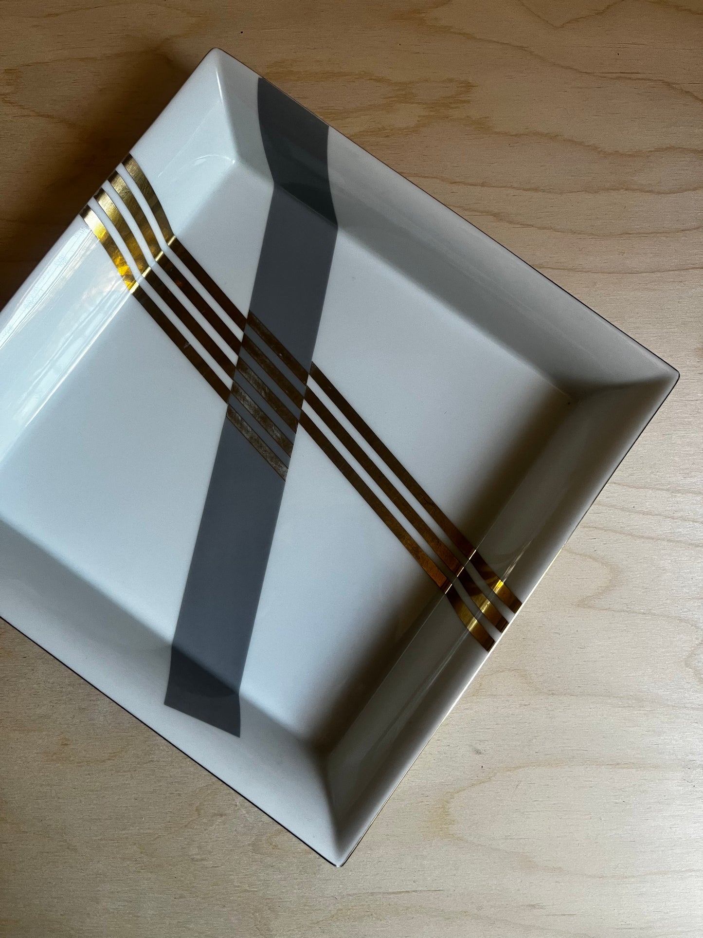 1980s Daniel Hechter Porcelain Catchall Tray | Gray & Gold Postmodern Design