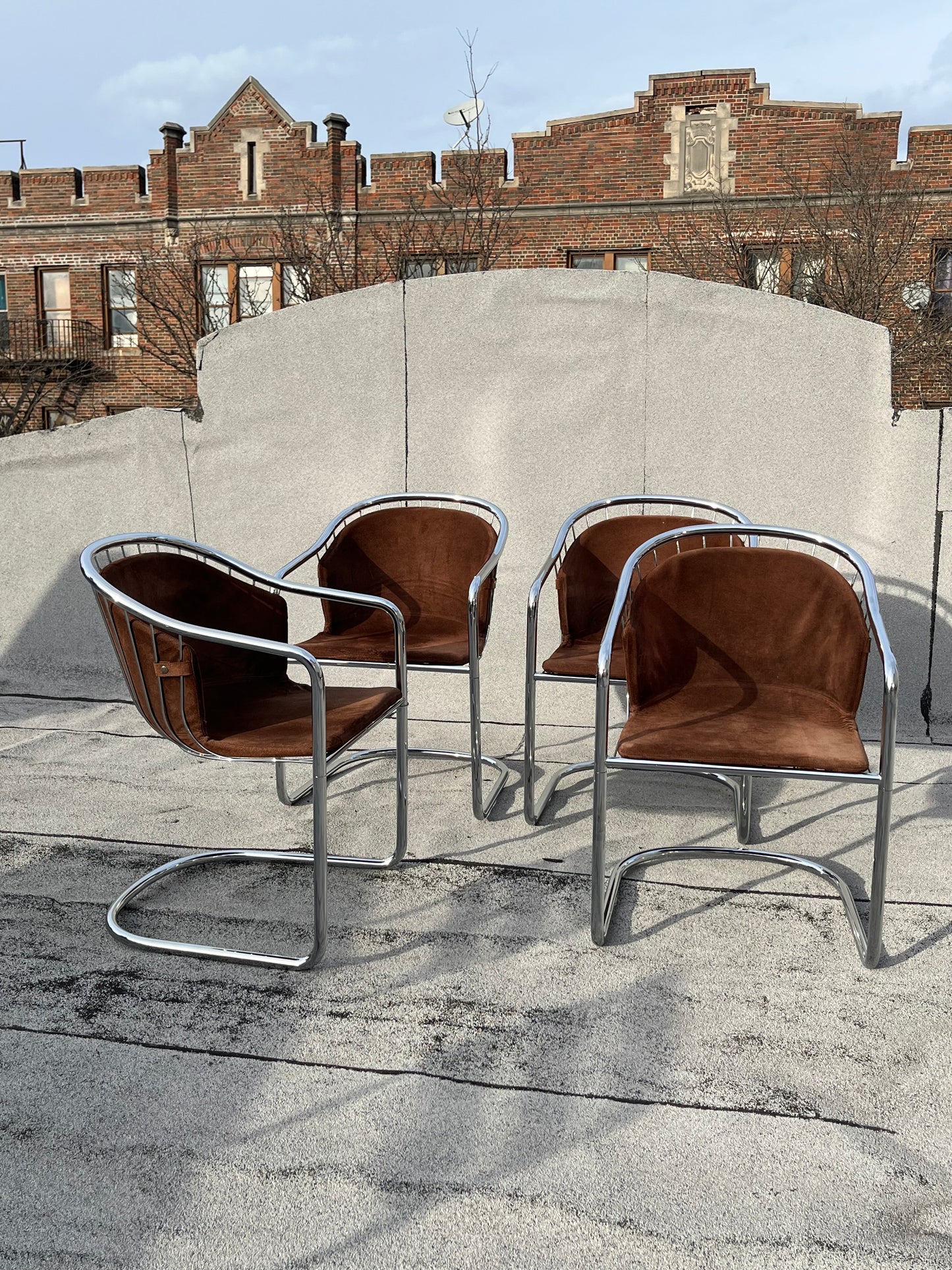 Gastone Rinaldi Cantilever Chairs | Chrome + Suede | Set of 4
