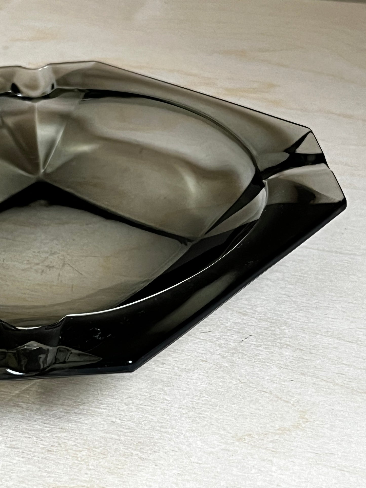 Smoky Glass Geometric Ashtray | Mid Century Modern Catchall Jewelry Dish | Faceted Smoke Glass