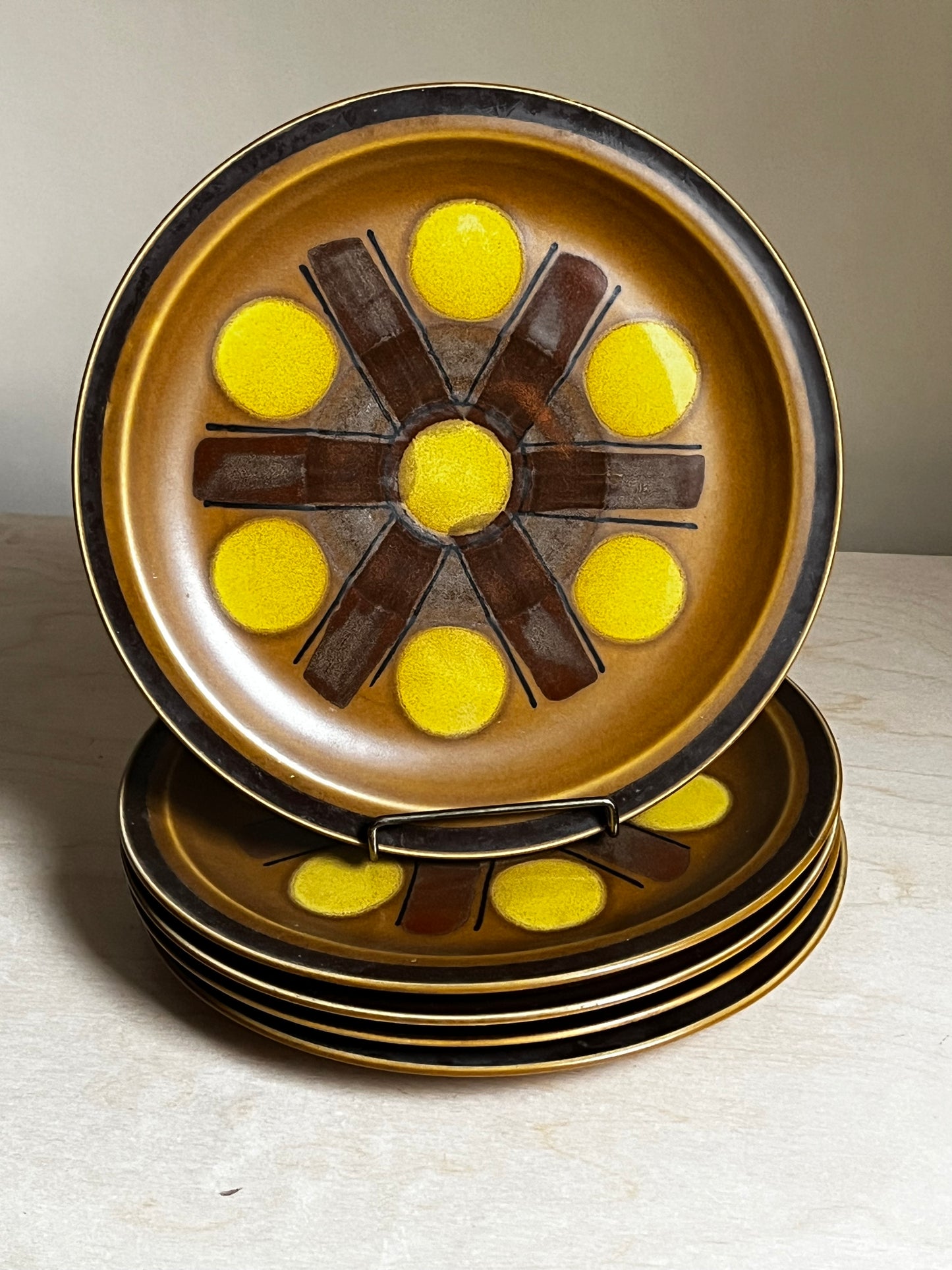 1970s Luna Roc Windmill Stoneware Dinner Plates | Set of 5 | Made in Japan, MCM Mustard Brown Dinnerware