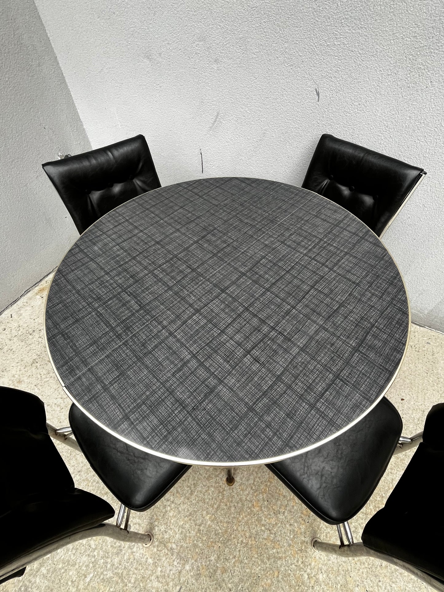 MCM Dinette Set | Round Gray Formica Table + 4 Black Vinyl Chairs