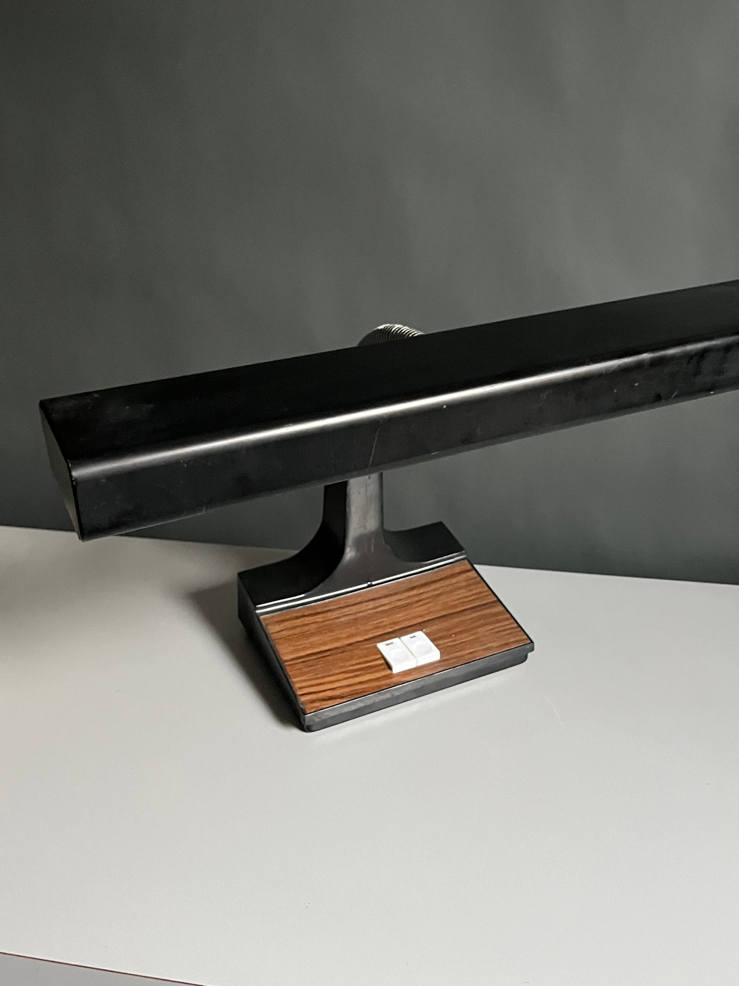 Black Gooseneck Desk Lamp with Woodgrain Base