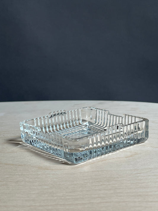 Clear Glass Square Ashtray – Ribbed Sides, Mid-Century Catch-All Dish