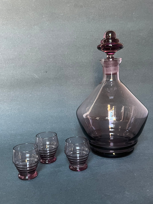 Amethyst Glass Decanter + 3 Shot Glasses