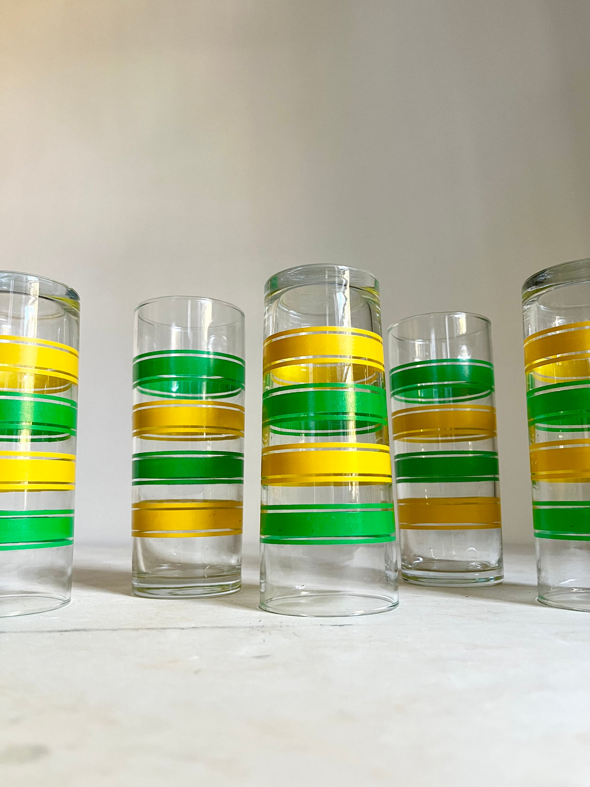 Mid-Century Modern Green & Yellow Striped Drinking Glasses | Set of 6