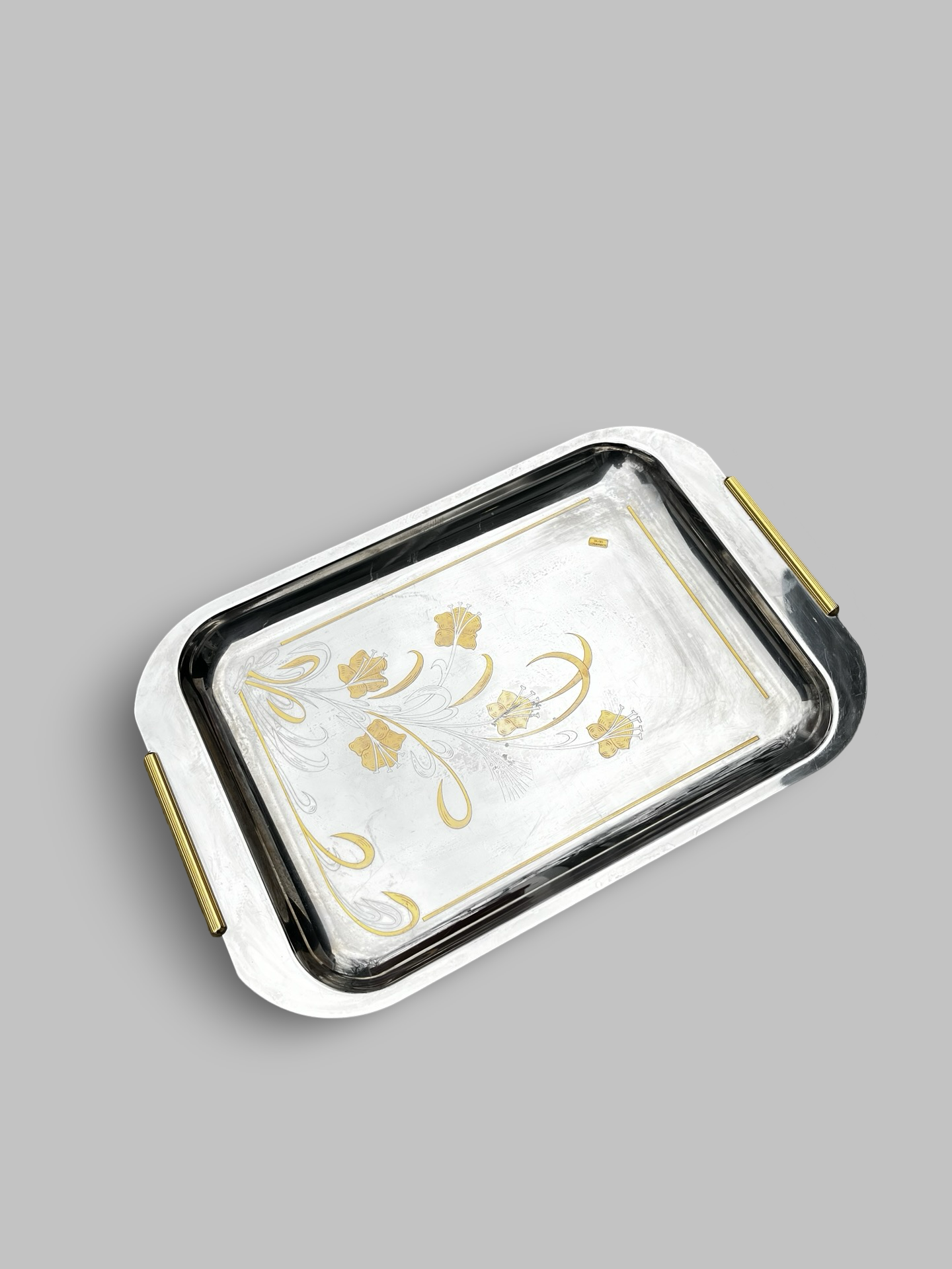 Art Deco Serving Tray | Stainless Steel w. Gold Accents| Made in Italy
