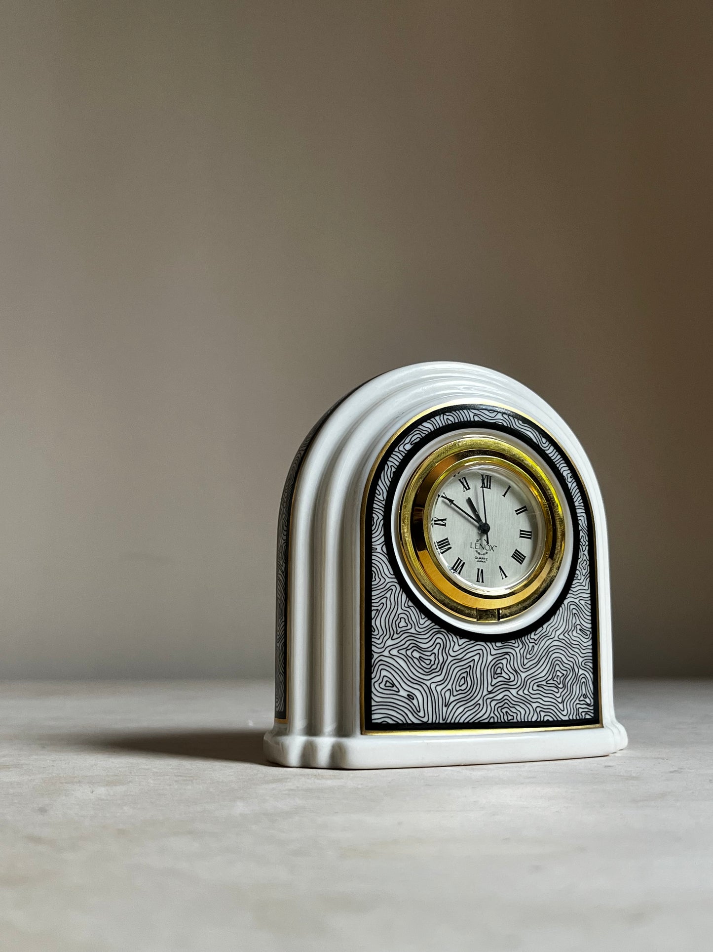 Lenox Porcelain Mini Desk Clock | Art Deco Arch | Topographic Pattern | Quartz Mantel Clock