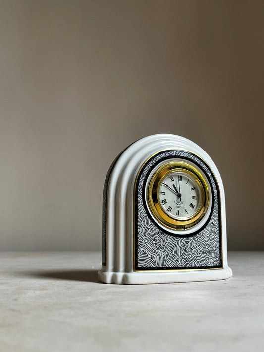 Lenox Porcelain Mini Desk Clock | Art Deco Arch | Topographic Pattern | Quartz Mantel Clock