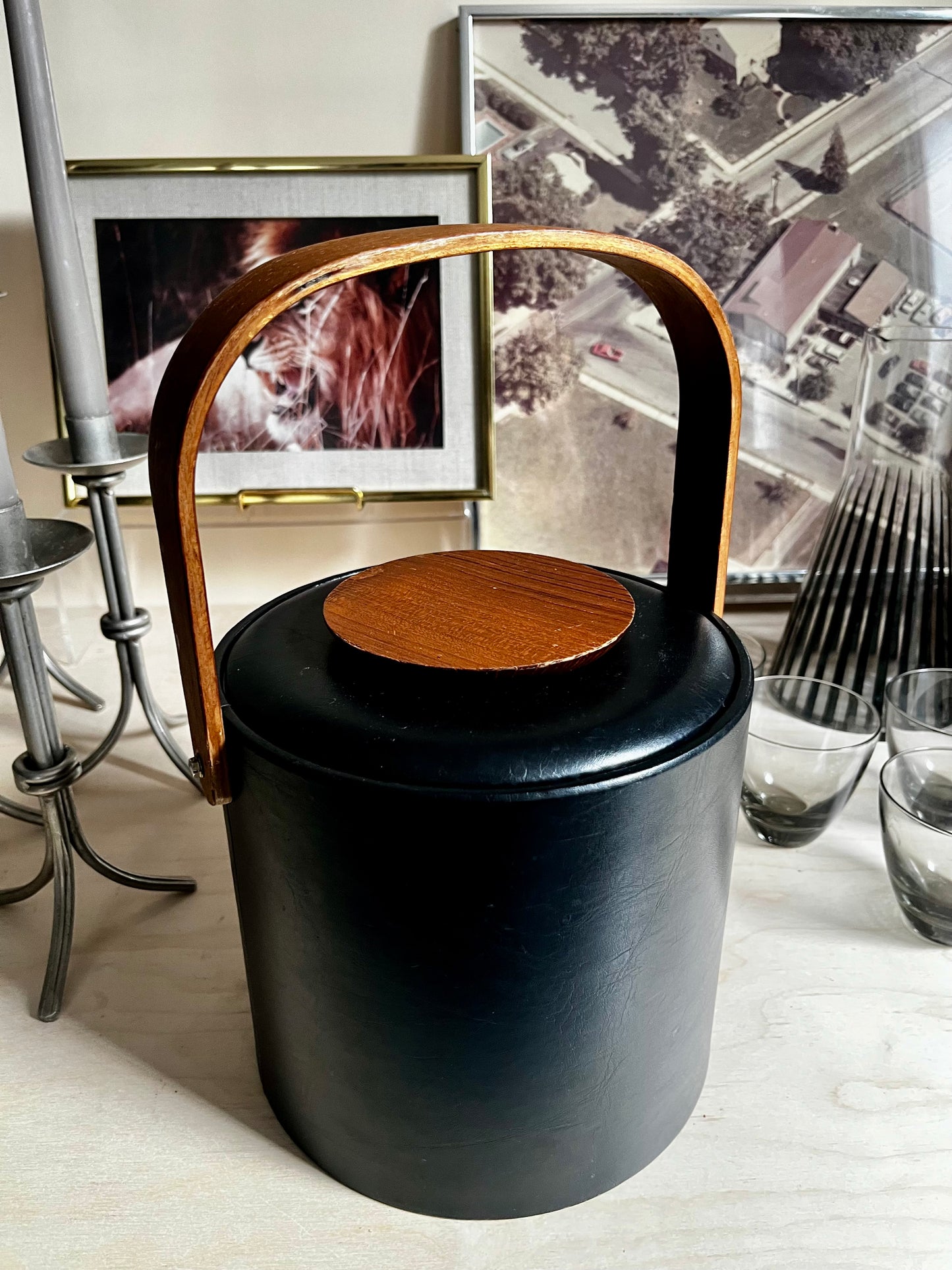 Georges Briard Black Vinyl Ice Bucket with Bentwood Handle & Teak Lid | Mid Century Modern
