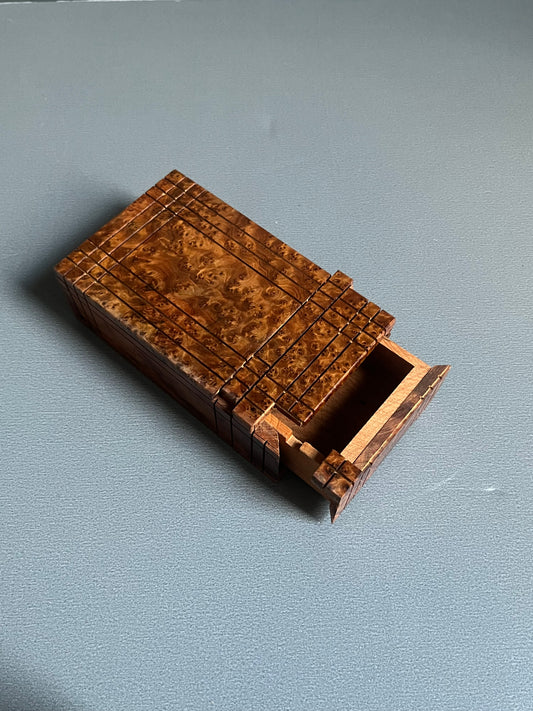 Burl Wood Puzzle Box with Hidden Drawer | Geometric Dash Box Storage
